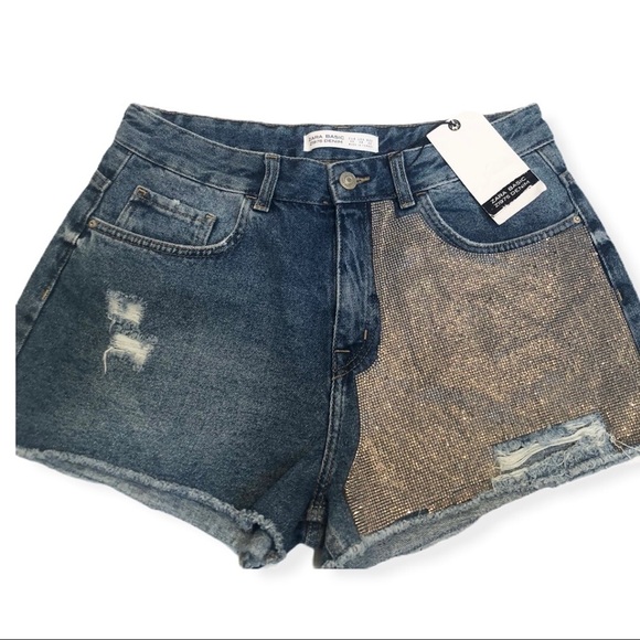 ZARA BASIC Z1975 Denim Shorts with Crystal… - Main Image